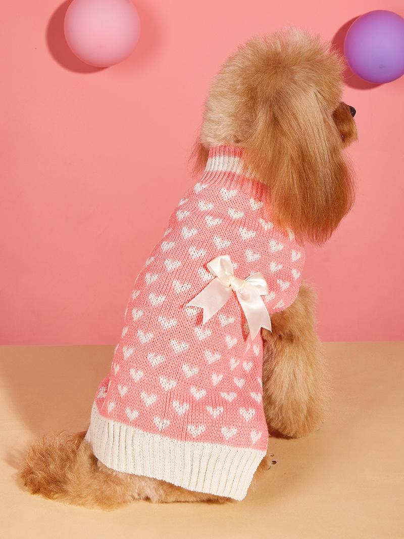 New Valentine's Day Knit High-Elasticity Round Neck Pink Red Lover Bow Heart Pattern French Bulldog Bichon Dog Sweater