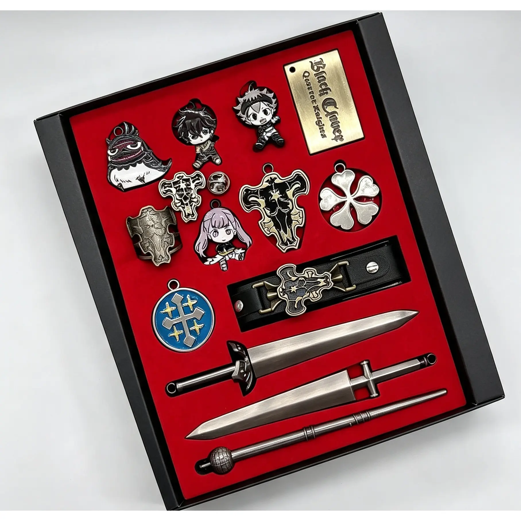Anime Black Clover Asta-Yuno Complete Cartoon Merch Set - Metal Coated Weapon Model, Bracelets, Pendant, Badge, Retractable Keychain Gift Box for Fans (Holiday Present), Character Set