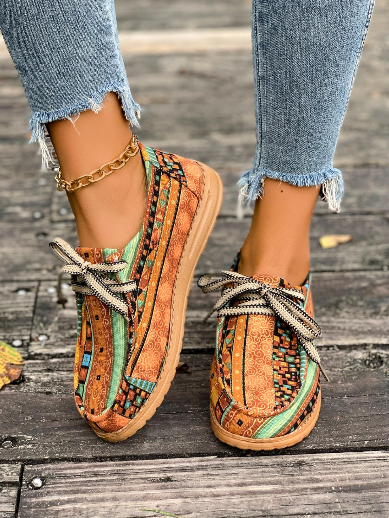 Women's Ethnic Style Patchwork Print Thick Sole Casual Shoes, Lace-Up Retro Versatile Loafers, Comfortable and Stylish Footwear