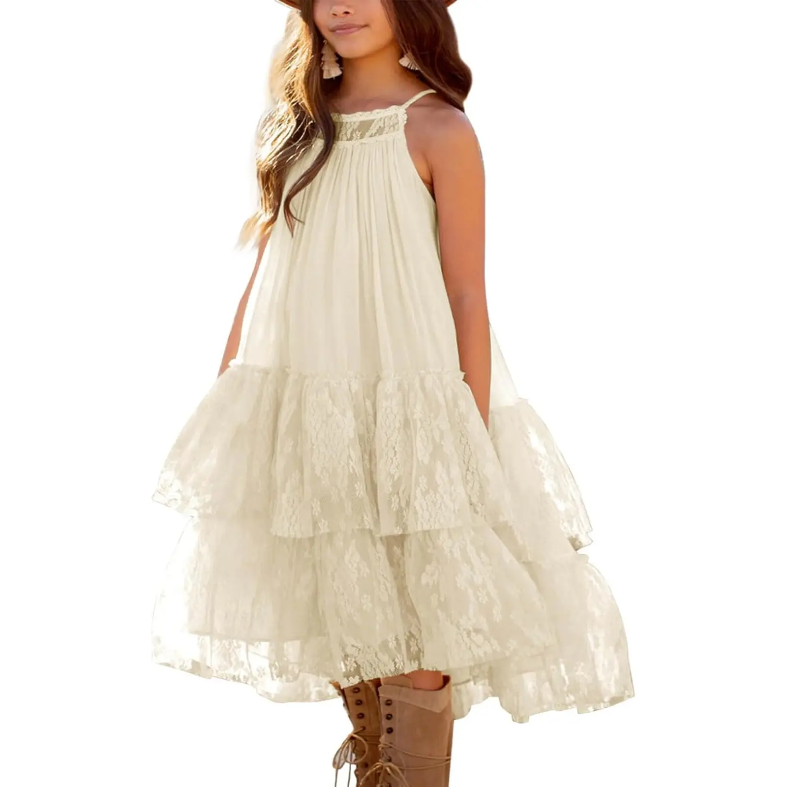 Haloumoning Girls Lace Tulle Dress Halter Boho Flower Girl Ruffle Party Dress | Backless, Sleeveless, Tiered Ruffle Hem, Wedding Formal Dresses, Tween Swing Boho Dress, 4-14 Years
