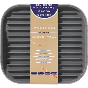 Microwave Bacon Cooker Tray, Food-Grade Silicone Bacon Rack with Deep Grease-Draining Grooves, Easy-Clean Microwave Tray for Bacon, Sausage, Leftovers and More, 11 x 10 Inch, Gray