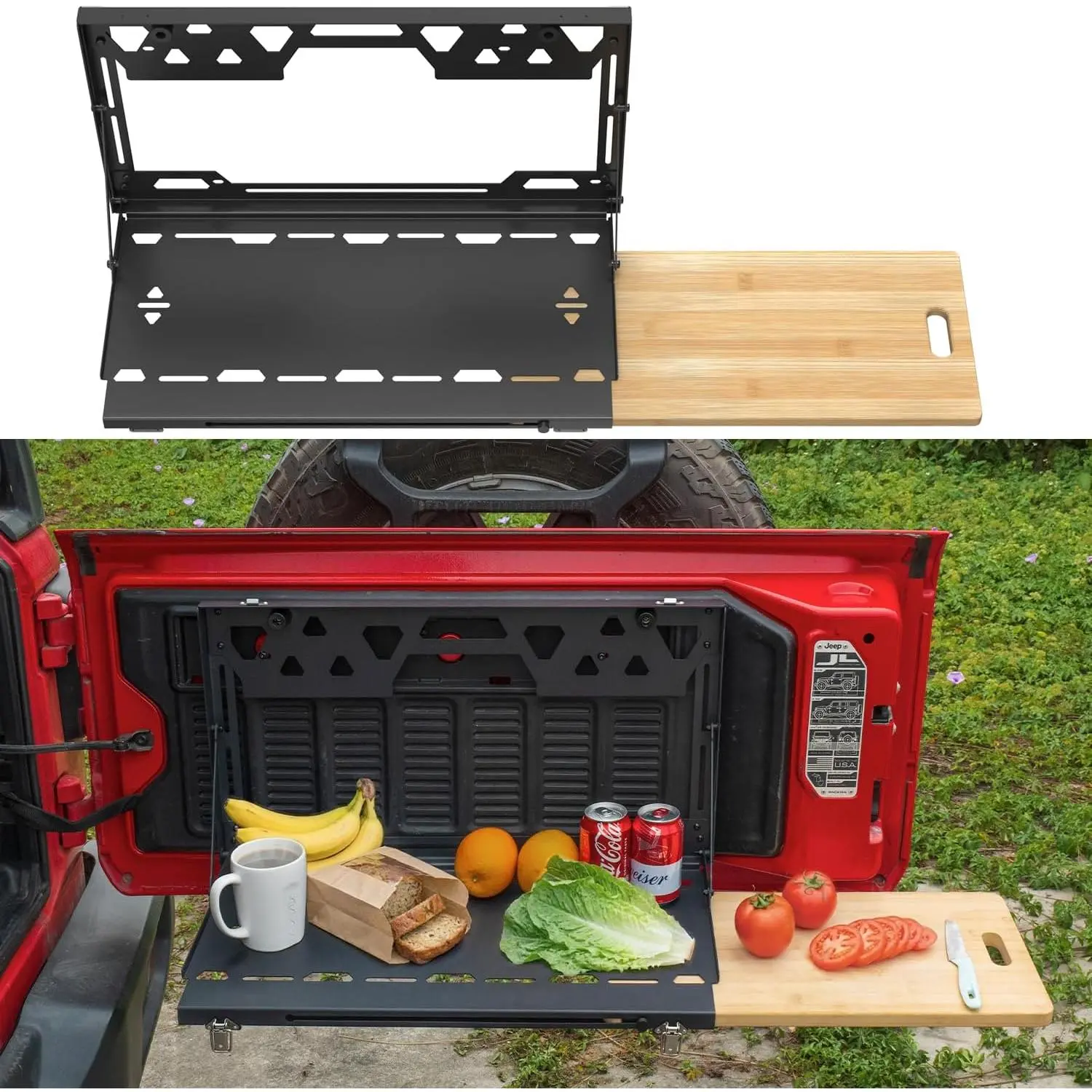 Foldable Tailgate Table for 2018-2026 Jeep Wrangler JL JLU 2/4 Door, Heavy-Duty 88lb Weight Capacity, Solid Bamboo Extension Board, Camping Overland Rear Cargo Storage Accessory