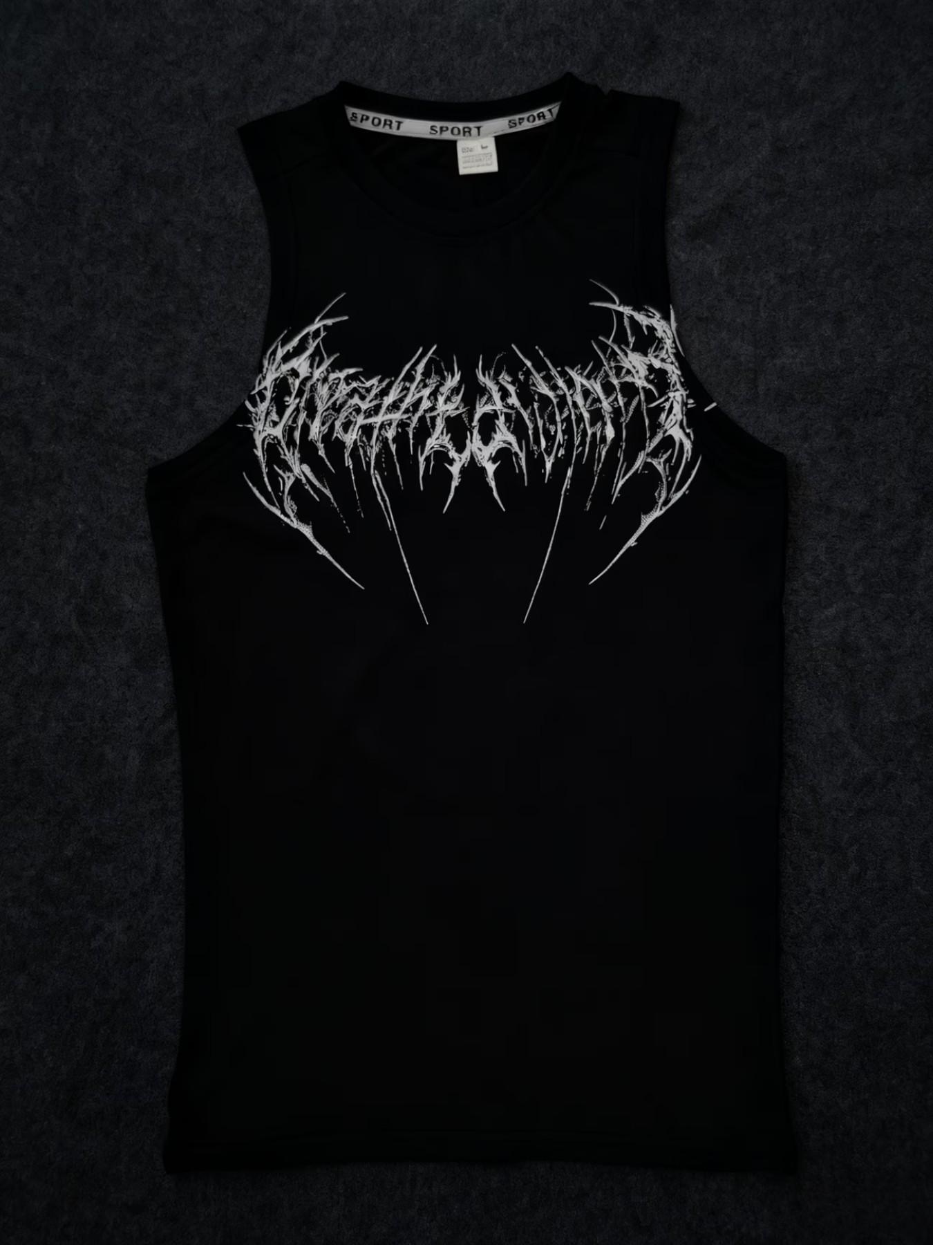 Dark Personality Print Tight Fit Sleeveless T-Shirt, Quick-Dry Elastic Gym Training Top, European Style Muscle Show Sport Vest