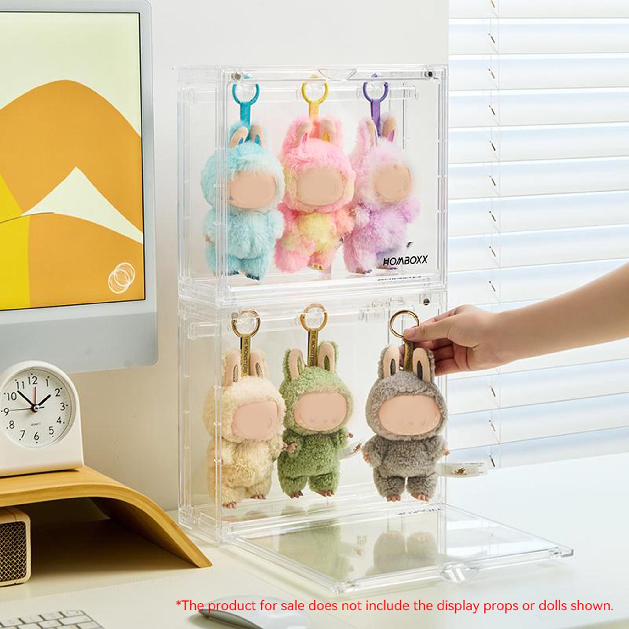 Plush Hanging Display Storage Box Set with 4 Transparent Hooks, 12-Piece Hook Kit, Dustproof Moisture-Proof, Stackable, Suitable for Pop Mart Collectibles, Keychain Display