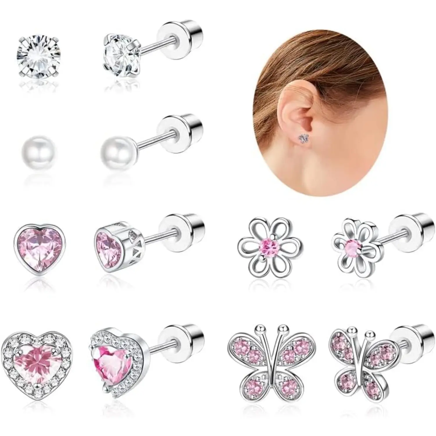 6 Pairs S925 Sterling Silver Screw‑Back Stud Earring Set for Women Girls, Hypoallergenic Dainty Heart CZ Pearl Butterfly Small Studs, Sparkly Stackable Piercing Jewelry for Daily Party Prom Wear & Gift