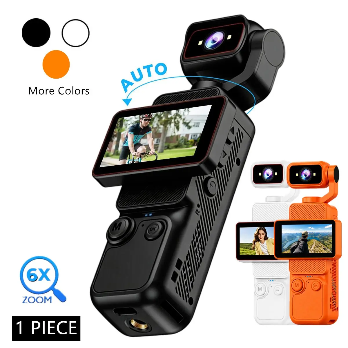 HD Portable With 180° Auto Rotating Lens,Handheld Stabilizer Pocket Camera, Video Recording Camera,Manual Rotating Screen, Full Body for Vlogging Travel Daily Life Recording USB Rechargeable,Black/White,Durable Construction Camcorder