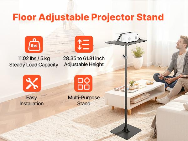 VEVOR Projector Stand, Projector Floor Stand with Adjustable Height 30.3 to 63.4 inch, 360 Horizontal Rotation Projectors Cart for Meetings, Outdoor Movies, Video Stand, Gimbal Mount or Tray Support