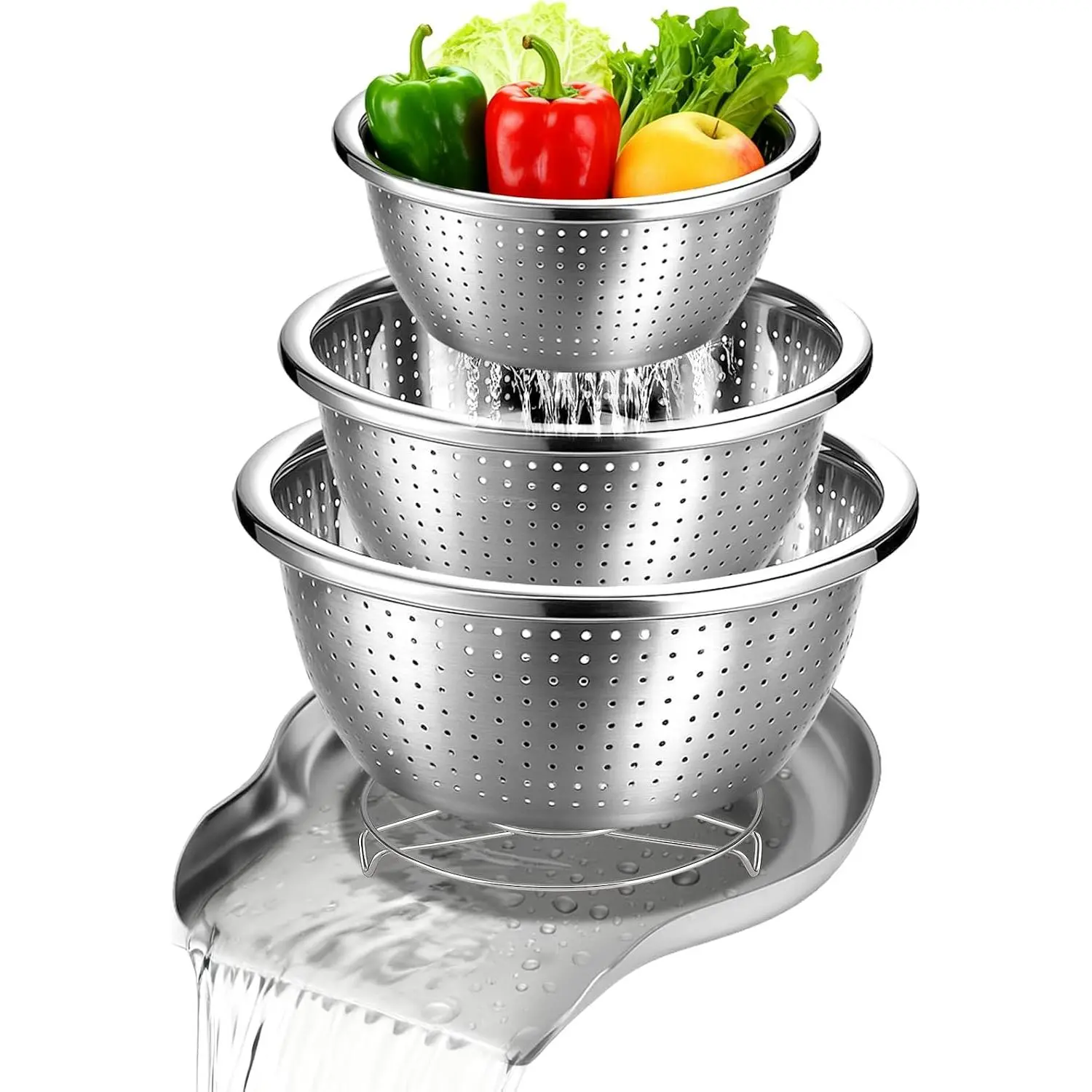Stainless Steel Colander Set with Base, 3 Sizes Colanders & Food Strainers for Pasta, Rice, Fruits & Veggies, Metal Colander with Draining Plate for Sink or Countertop