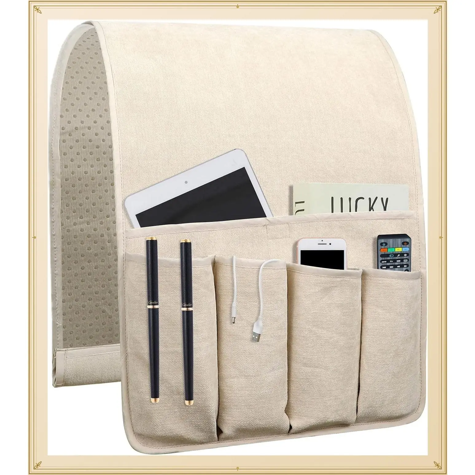 5-Pocket Remote Control Holder Couch Caddy with Non-Slip Base for Armchair Sofa Bedside Storage, Fits TV Remote Phone Tablet Kindle Magazines, Gifts for Seniors, Beige 35"X12.4"Gift