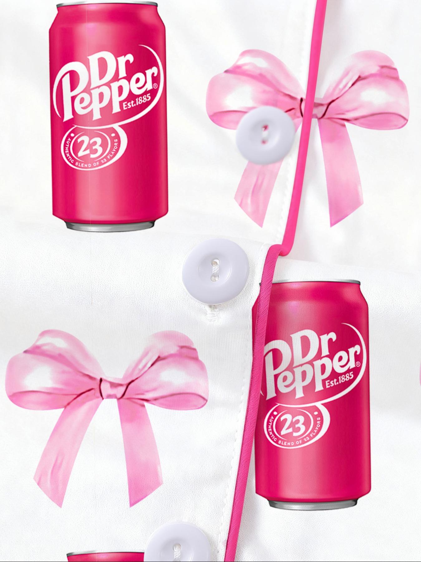 Dr Pepper Soda Can Bow Print Short Sleeve Shirt Pajama Set, Cartoon Sleepwear Two-Piece Suit, Casual Loose Fit Home Wear
