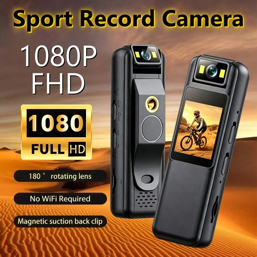 Clip-On Body Camera, 1080P FHD 180° Rotatable Lens Mini Action Camera, Hands-Free POV Recording, No WiFi Required,-In Fill Light & Mic, Rechargeable Battery, Photo & Voice, LCD Screen, Sport Camera Hiking, Cycling, Fishing, Vlog