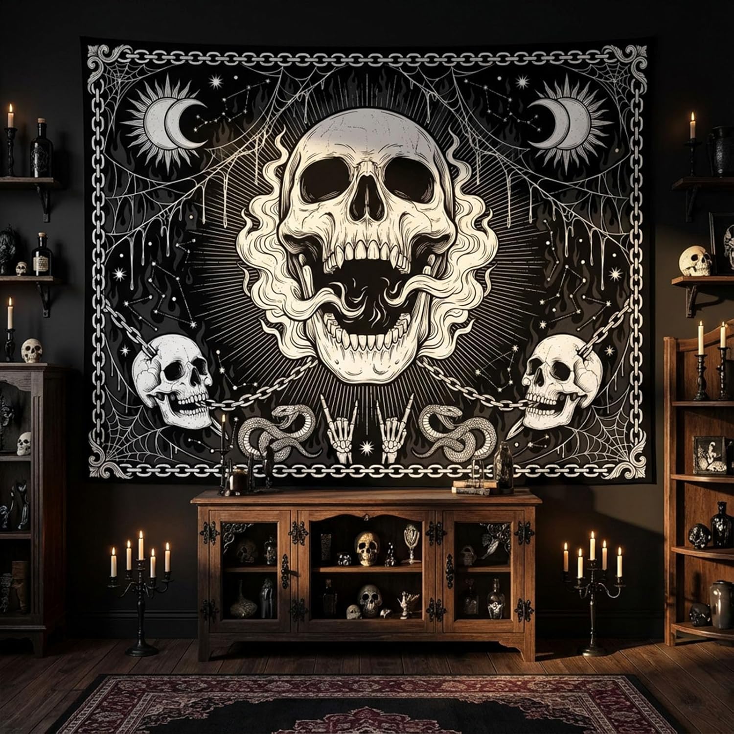 A Gothic mysterious skull tapestry, black and white moon snake wall tapestry, bedroom, dormitory, living room decoration