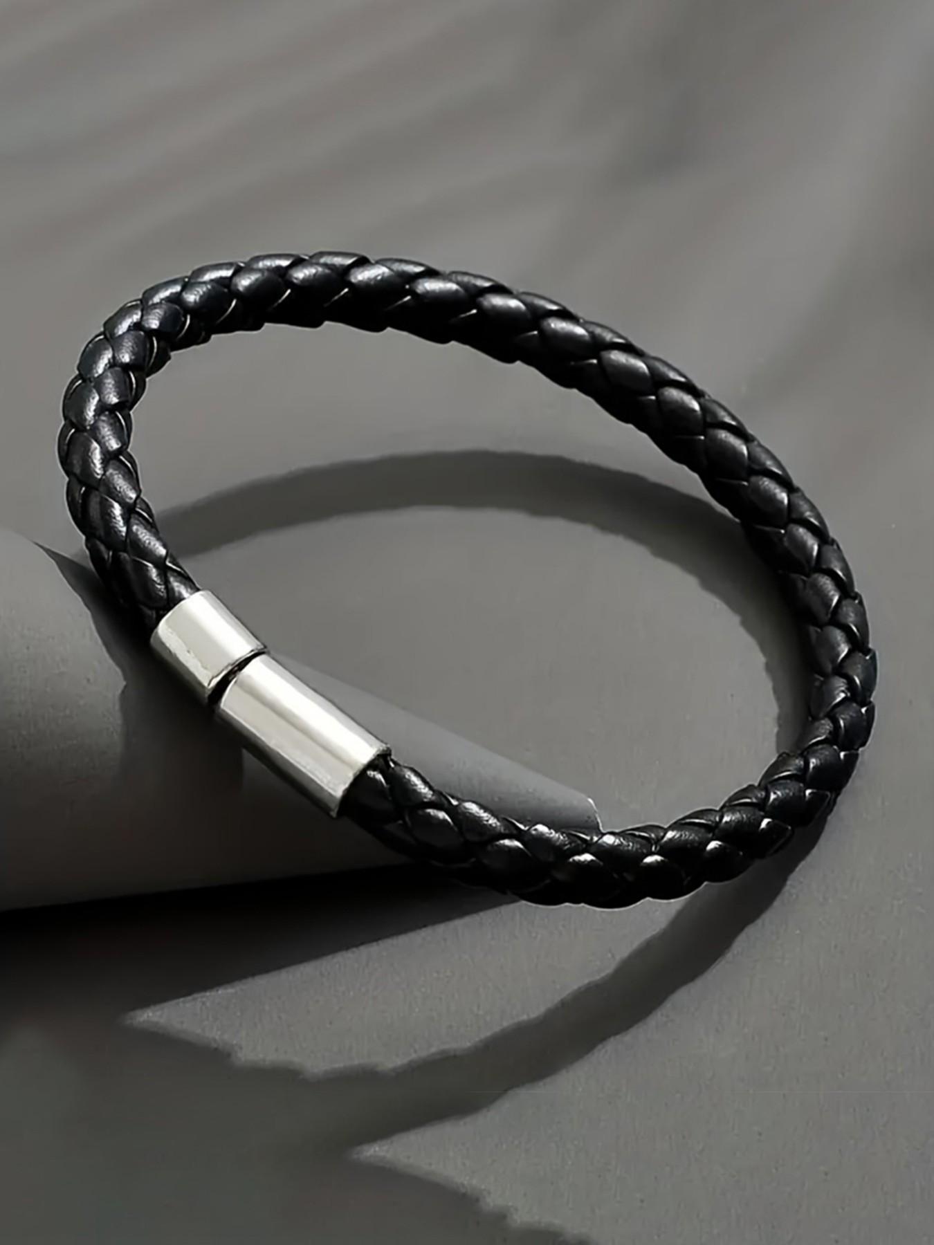 Men's Fine Woven Leather Bracelet, Minimalist Casual Style, Thin Braided Wristband, Fashion Accessory for Daily Wear, Perfect Gift