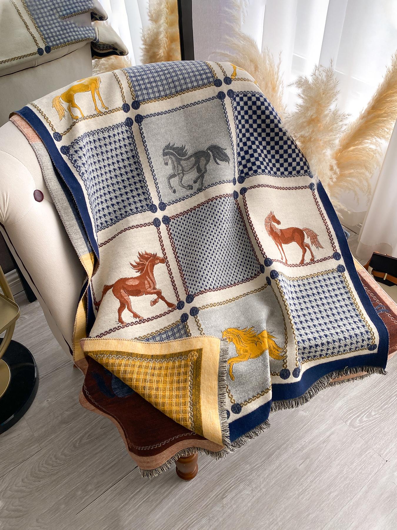 Boho-Style Horse-Pattern Scarf with Fringe-Trim, Casual Soft Warm Shawl for Fall and Winter, Fashion Accessory for Women & Girls