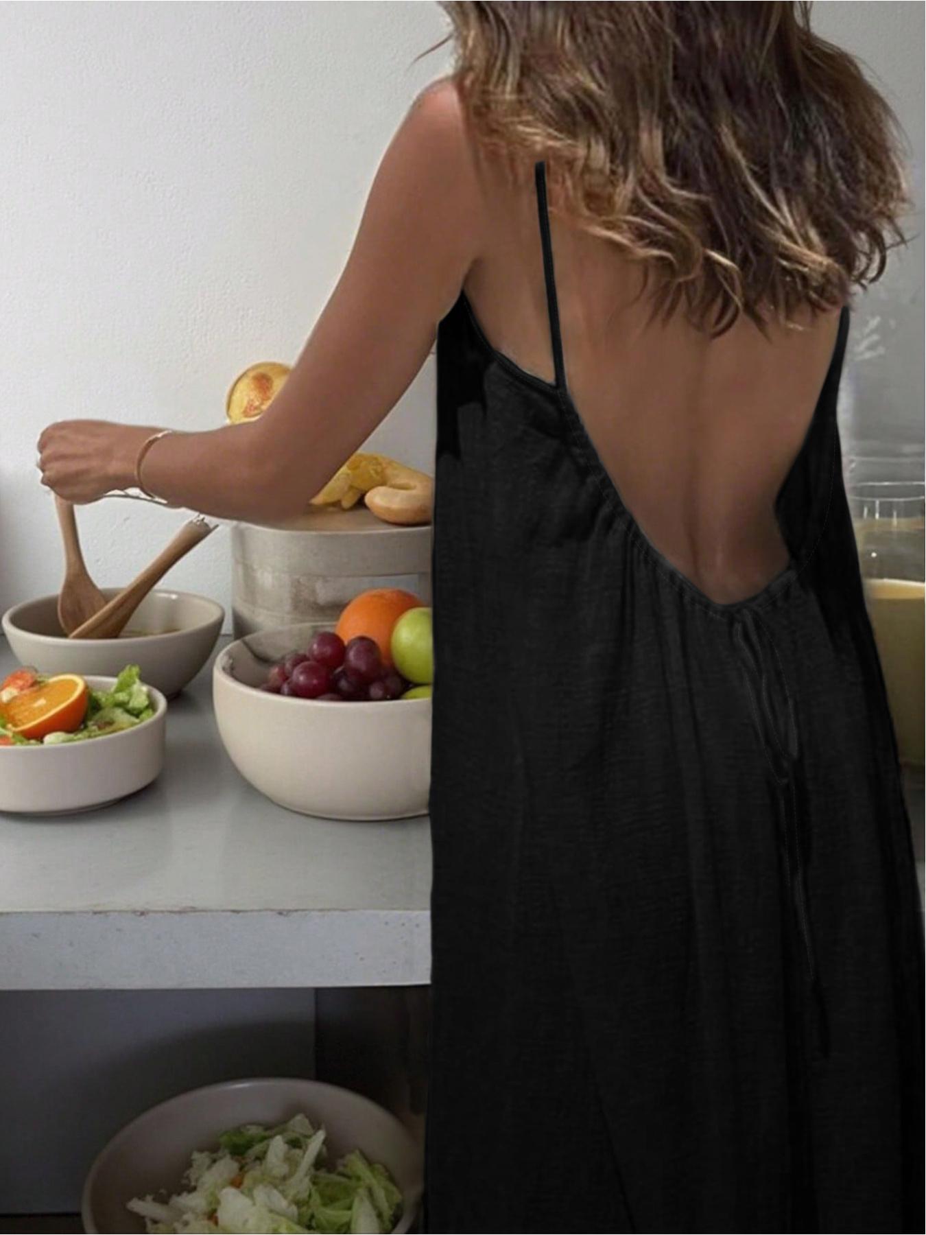Women's Plain Backless Long Dress, Elegant Sleeveless Loose-Fitting Sleepwear, All Seasons Casual Wear