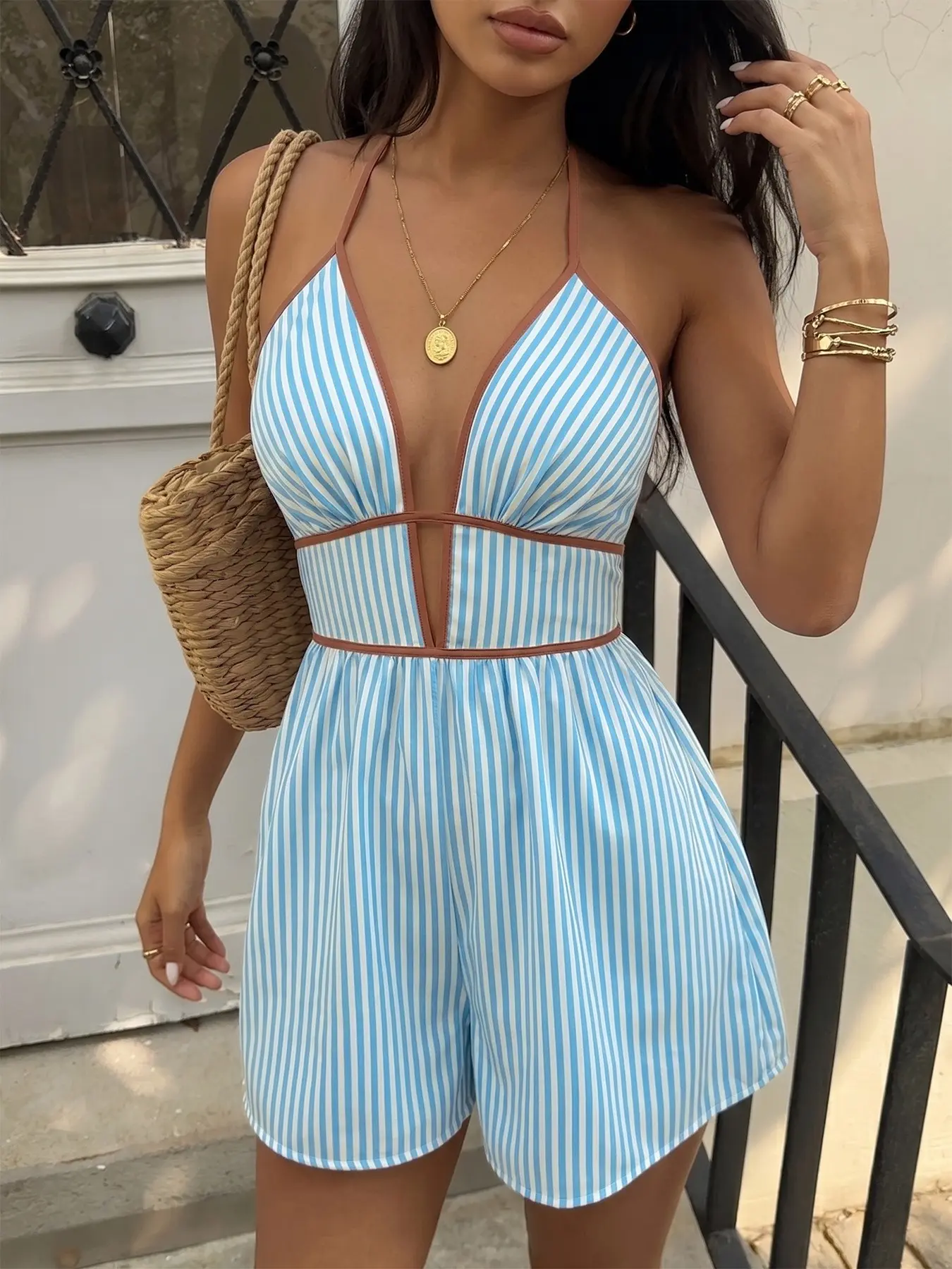 Fashion Striped Print Casual Chic Romper, Women's Halter Neck Slim Fitting Playsuit, Sexy Backless Romper, Summer Beach Vacation Outfits, Jumpsuits Rompers