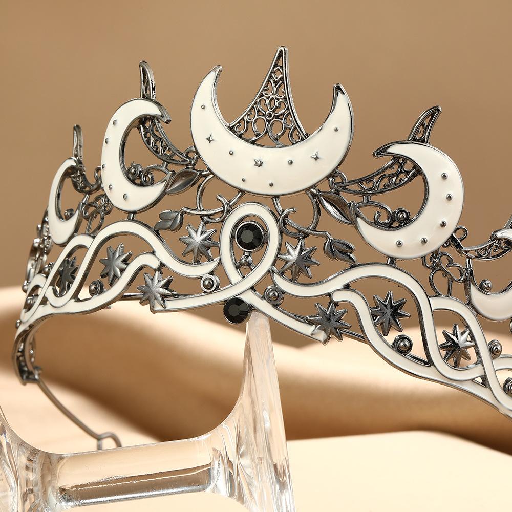 Gothic Moon-Star Rhinestone Crown, Funky Unique Accessories, Unisex Halloween Costume Headpiece for Witch Role Play Party Decoration