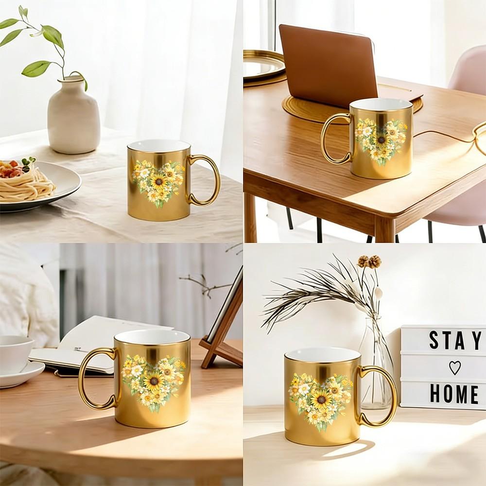 Sunflower Heart Gold Ceramic Coffee Mug, 11oz Shiny Metallic Gold Floral Tea Cup, Unique Birthday Mothers Day Gifts for Women Mom Wife Sister Friend, Sunflower Lover Gifts for Coffee Tea Lovers, Home Office Decor
