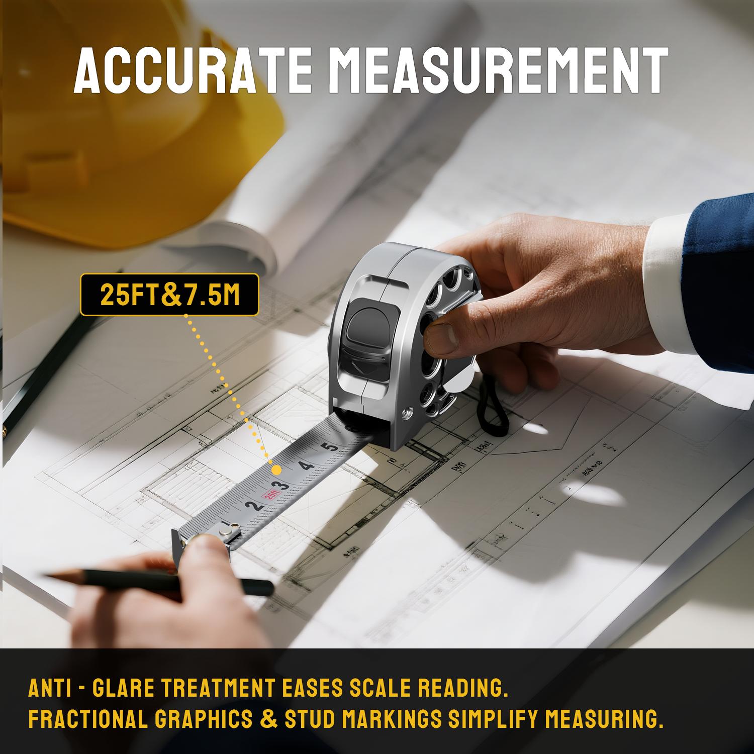 Steelite 25FT Stainless Steel Measuring Tape with Fraction Markings, Portable Retractable Measure Ruler for Household Agricultural Industrial Woodworking, Men & Fathers Gifts 7.5m/25ft