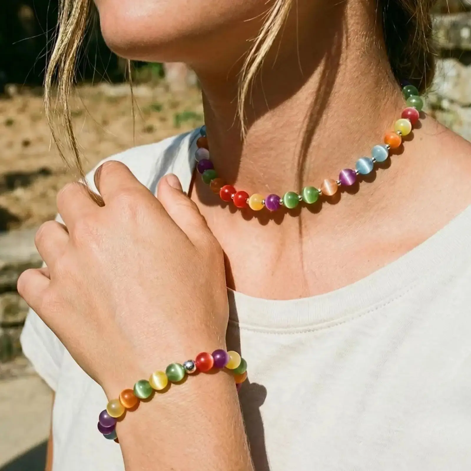 UV Reactive Rainbow Resin Beaded Choker Necklace, Color‑Changing Stackable Bead Jewelry, Waterproof Unisex Accessory for Summer Daily Outfits
