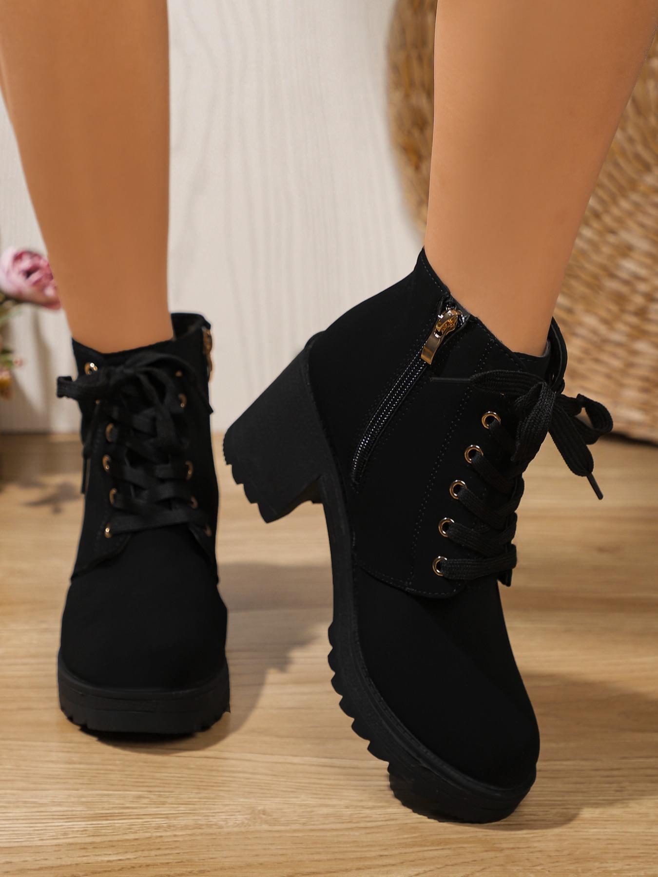 Women's Chunky Heel Thick Sole Ankle Boots, Side Zipper Lace-Up High Heel Boots, Fall Winter Casual Fashion Shoes
