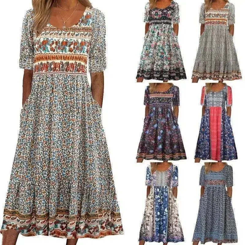 Women's Round-Neck Short-Sleeve Casual Bohemian Print Blue Maxi Dress