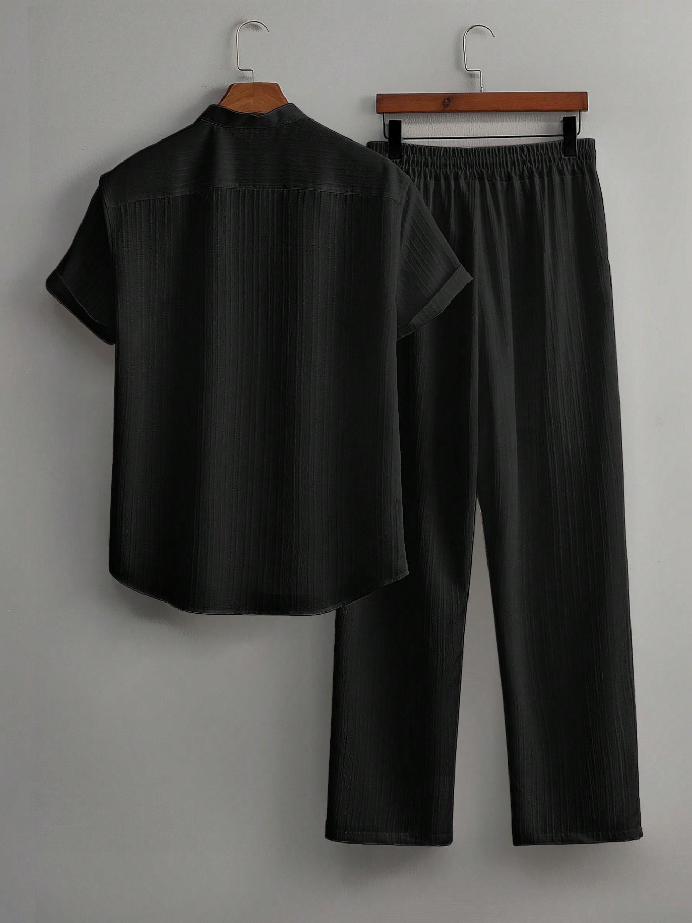 Men's Textured Stand Collar 2-Piece Outfit Set White/Black/Grey Color Options | Short Sleeve Button Shirt + Drawstring Waist Pants | Soft Breathable Fabric | Perfect for Summer Casual Outings, Streetwear & Smart Casual Style | Essential Set