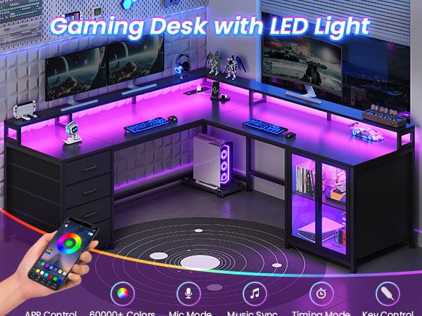 SEDETA L Shaped Gaming Desk with 4 Drawers, 109” Computer Desk with Display Cabinet, Home Office Desks with 2 Monitor Stands, CPU Stand, LED Lights and Power Outlet