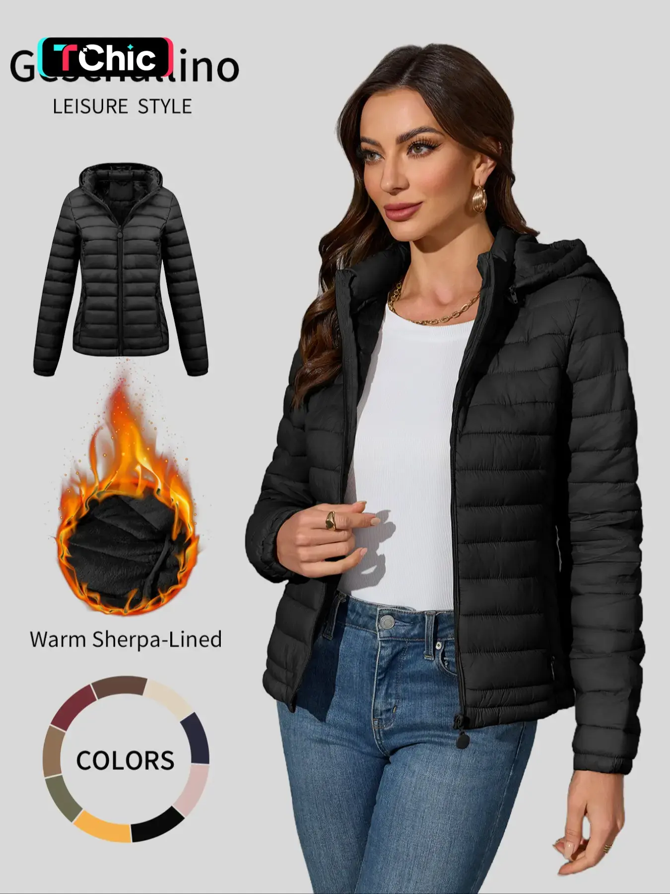 Women's Winter puffer Jacket, Casual Fitted Hooded Coat with Pockets, Warm Lightweight Commuter Outerwear for Fall & Winter