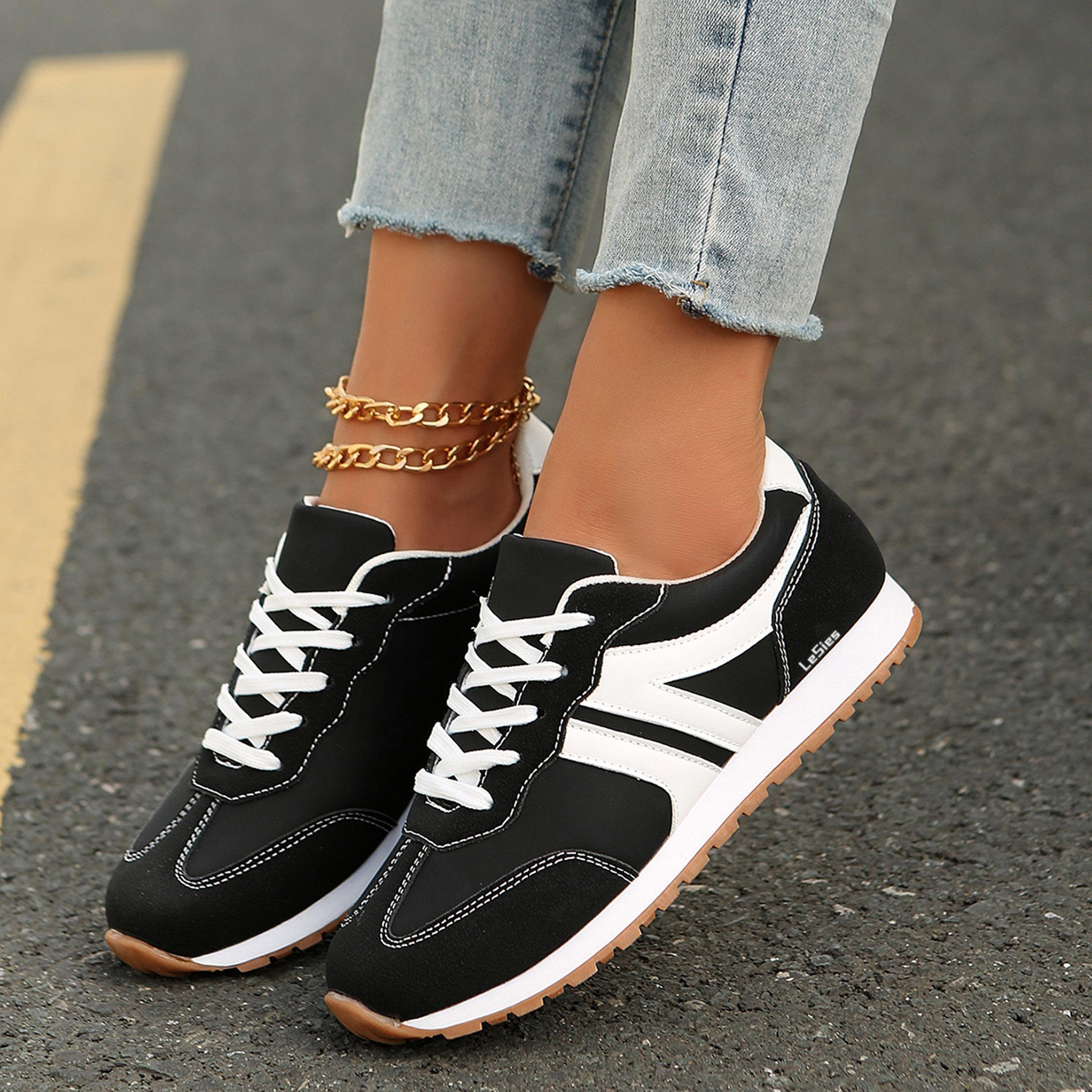 Women Fashion Sneakers With Faux Suede Patchwork & Contrast Color Lacing, Suitable For All Seasons