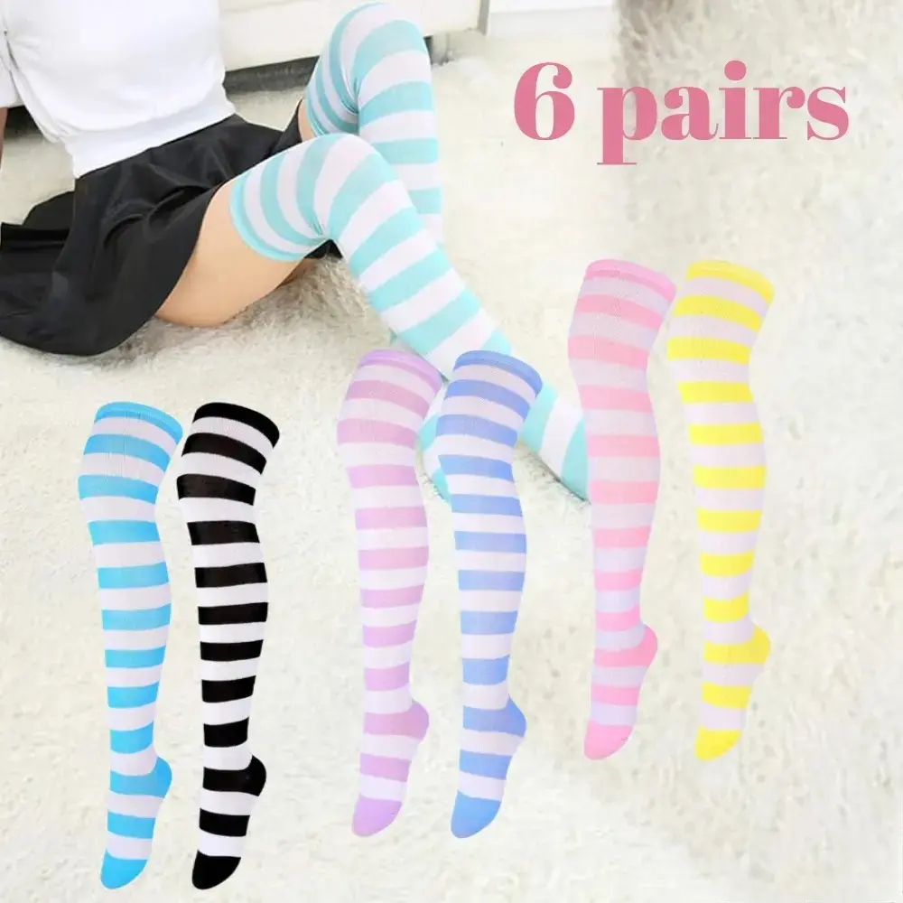 6Pairs Over Knee High Stripe Socks Cosplay Accessories Thigh High Long Socks for Adult Woman Blue White Black Matching Cotton Striped Loose Slouch Socks