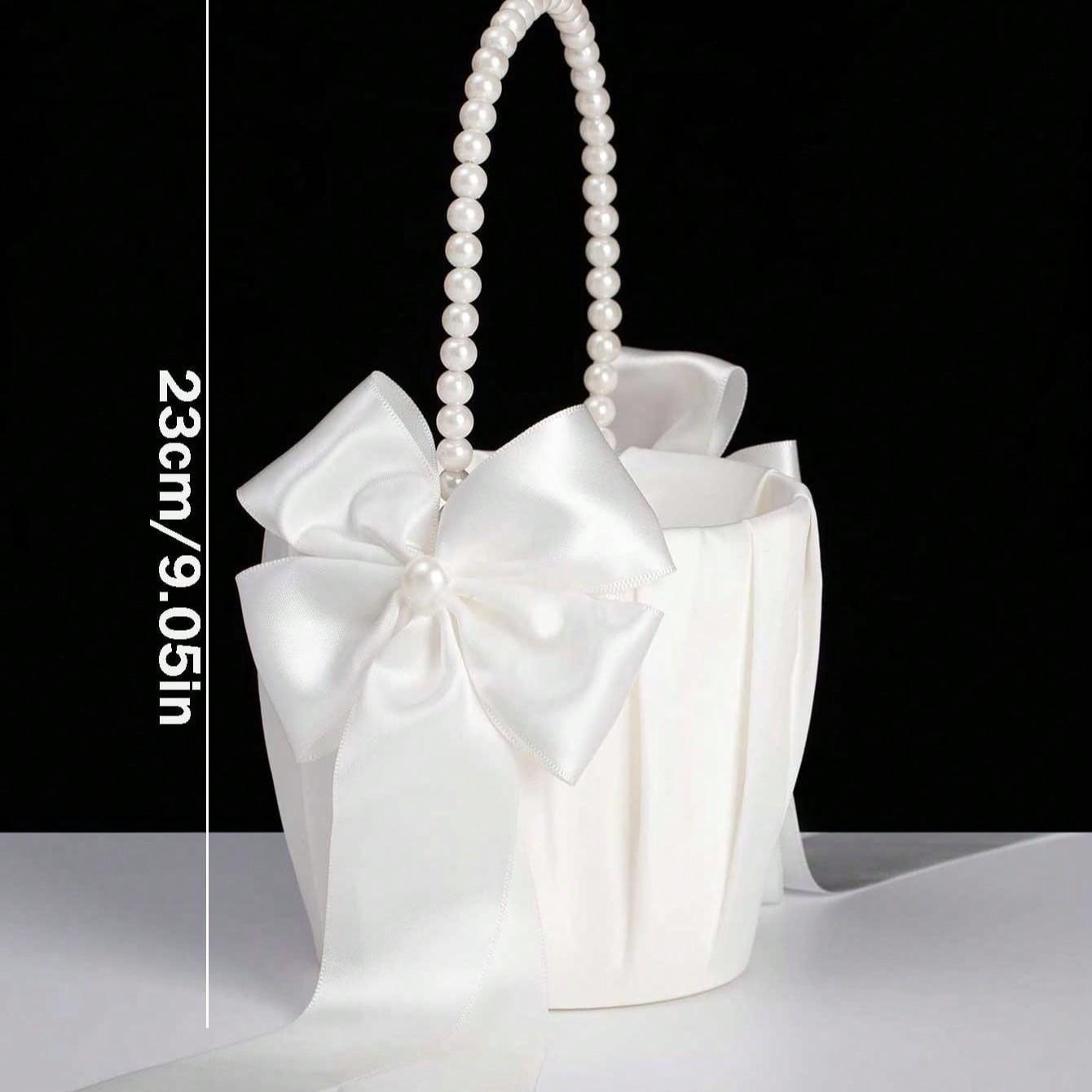 Cute Pearl Handle Flower Basket for Wedding Ceremony, Ivory Color Satin Bunting Floral Arrangement, Perfect for Bridal Party Decorations