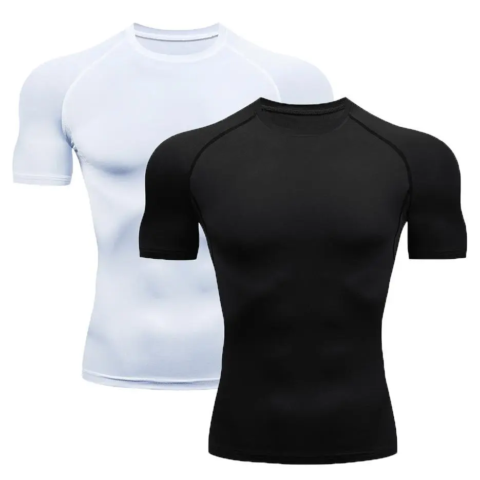 Men's 2-Pcs Short Sleeve Compression Shirts - High Elastic, Quick Dry, Fitted Slim Fit Activewear Clothing, Breathable Athletic Training Apparel, Fitness Exercise Wear for Gym, Running