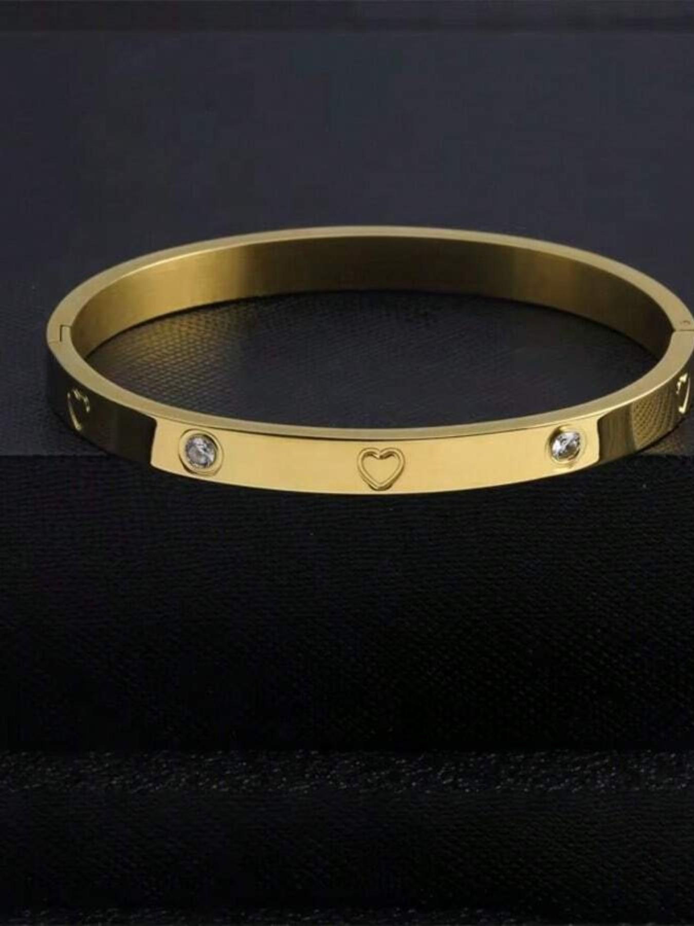 Women's 3pc Stainless Steel & 18k Heart Rhinestone Bangle Bracelet Set, Copper Inlay Artistic Design, Ideal for Daily Wear