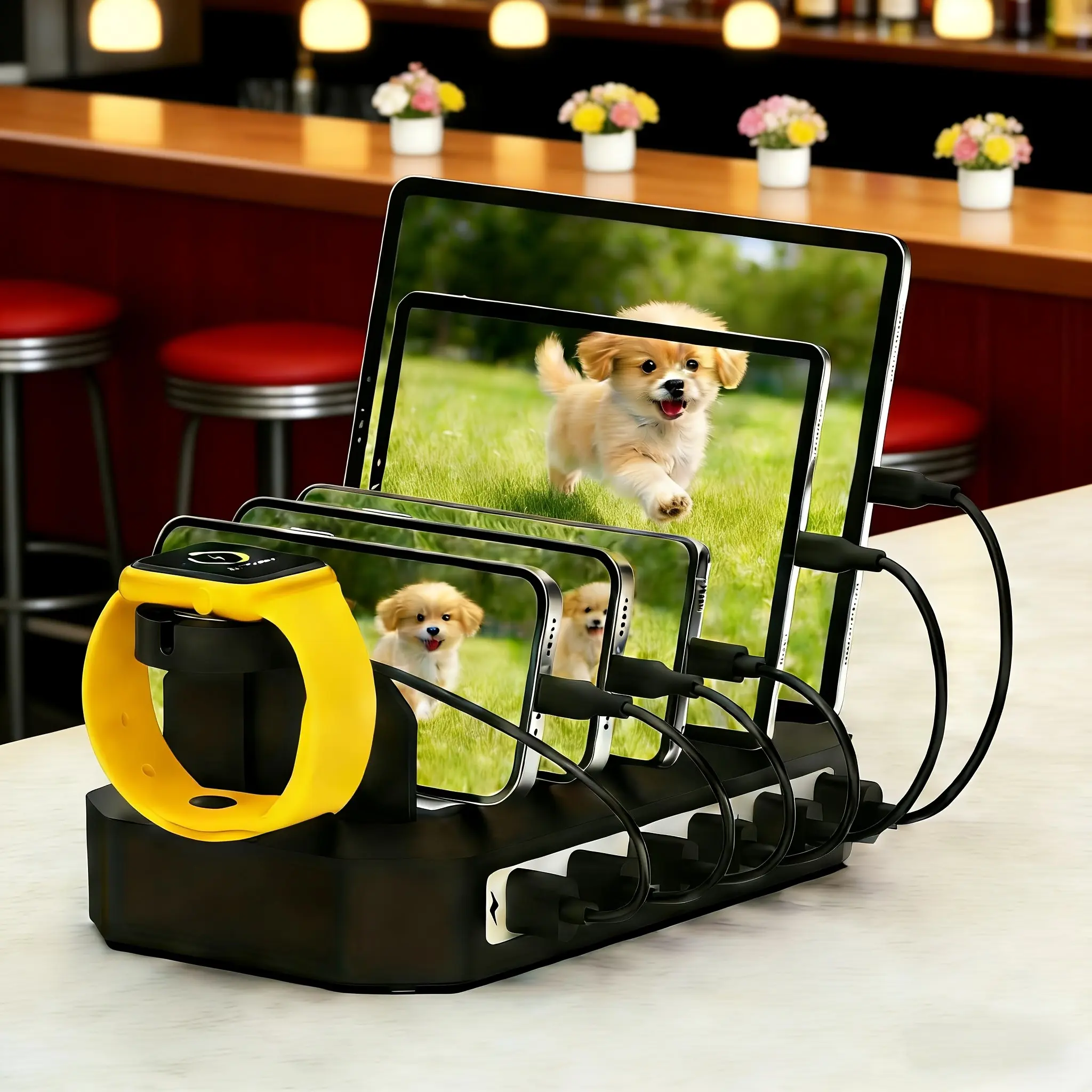 65W 6-Port USB Charging Station for Multiple Devices with Detachable Dividers and Watch Holder, Compatible with Phone, Tablet, Kindle and More