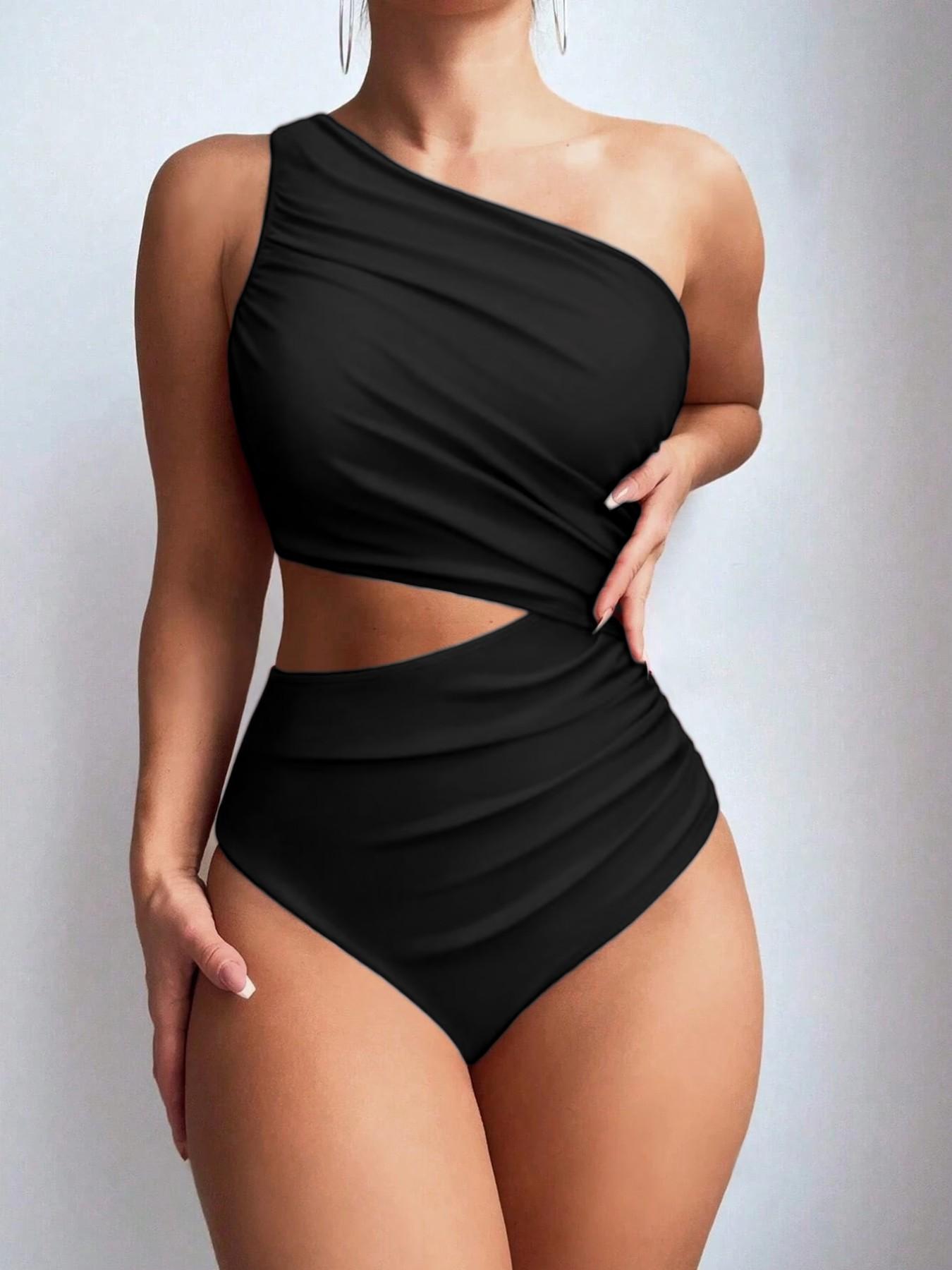 Women's Conservative One-Shoulder Bikini Swimsuit, Solid Color Print, Plus Size, Ruched Waist, Belly Control Bikini, Summer Swimwear