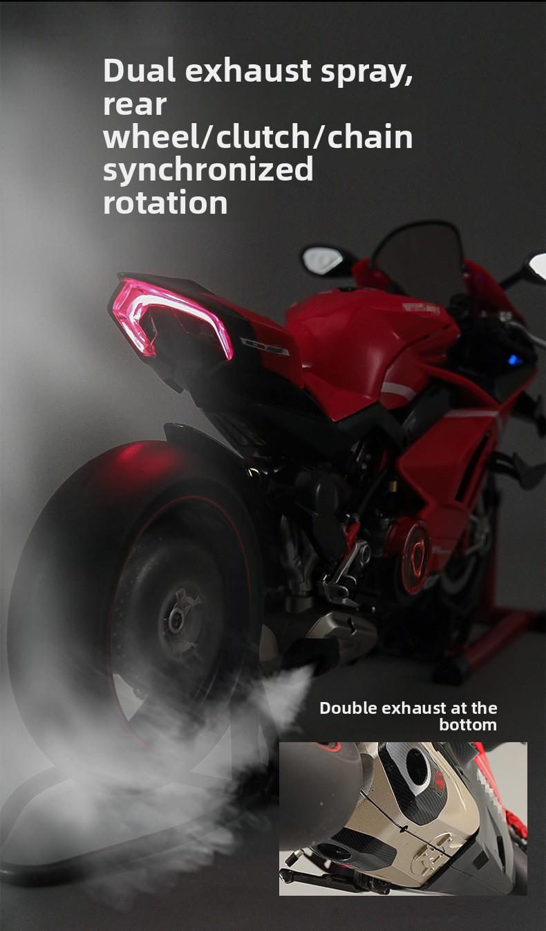 Dynamic alloy motorcycle model, 1:7 Scale ultra-light all-carbon V4, featuring realistic sound and light effects + key start, mechanical linkage design, water spray effect, abundant alloy material construction, suitable for both collection and playing.