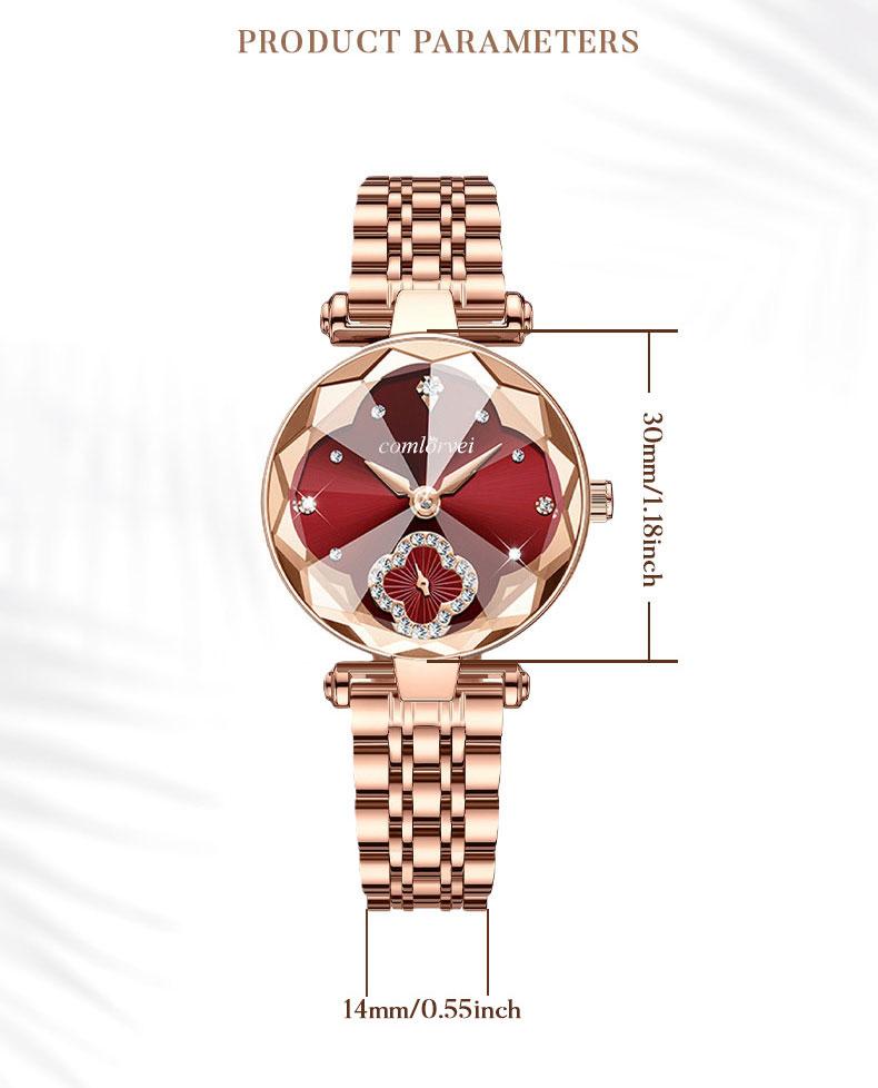 Women's Luxury Rose Gold Quartz Watch - Red Clover Dial with Crystal Accents, Diamond Flower Detail, Stainless Steel Band, Elegant Dress Wristwatch, Perfect Gift for Her