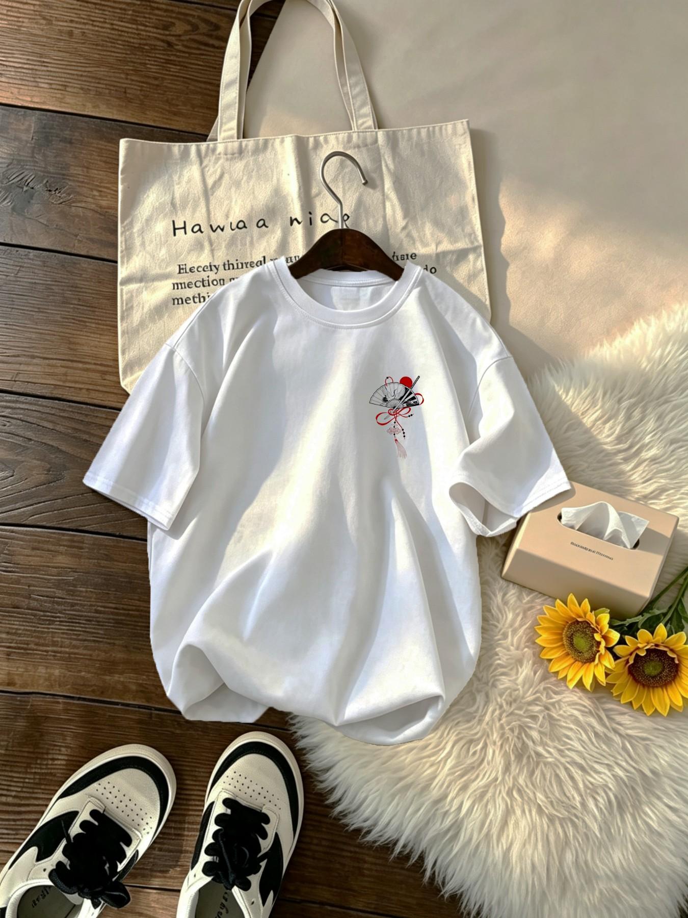 Men's Summer Japanese Folding Fan Print Sport T-Shirt, Breathable Quick-Dry Knit Fabric, Elastic Round Neck Short Sleeve, Casual Workout Top