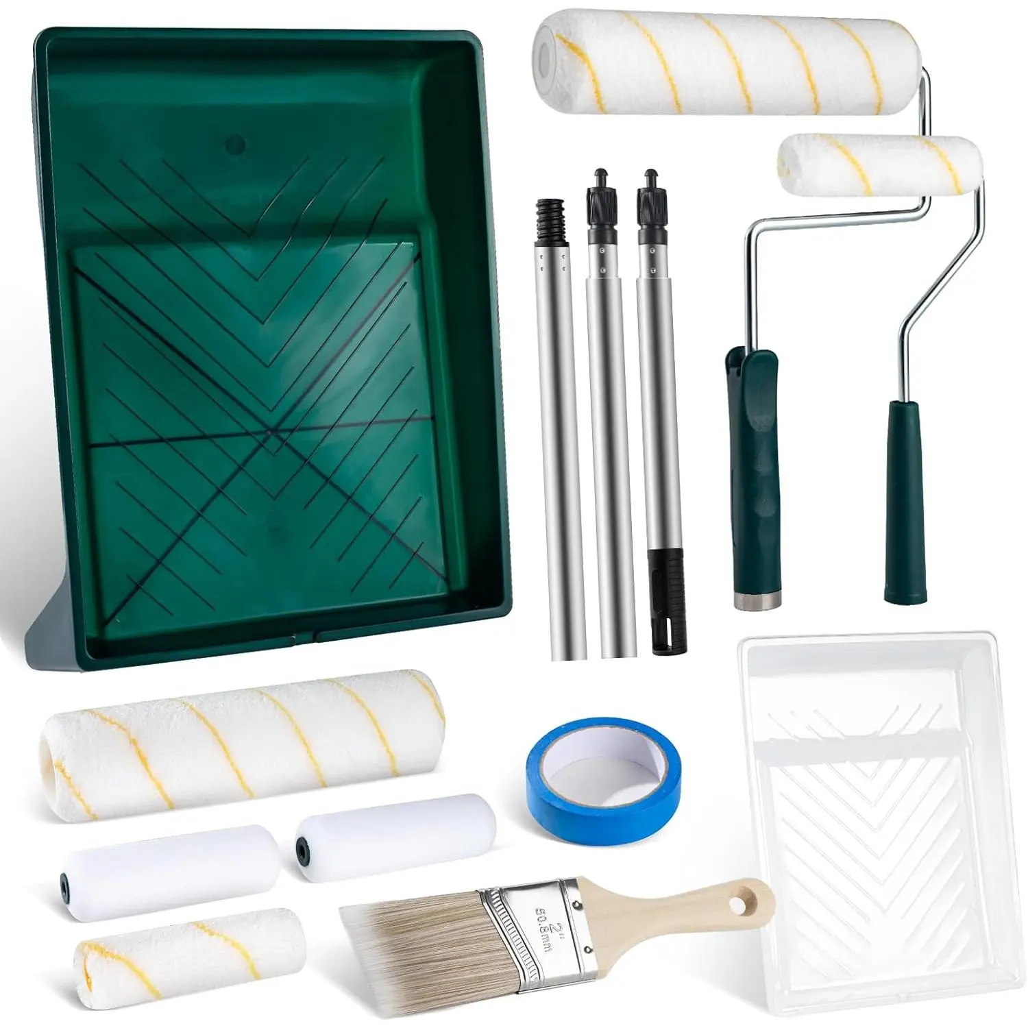 13-Piece Paint Roller Kit with Extension Pole, 9" & 4" Paint Rollers, Paint Tray, Roller Covers & Brushes, House Painting Supplies for Walls, Ceilings & Home DIY
