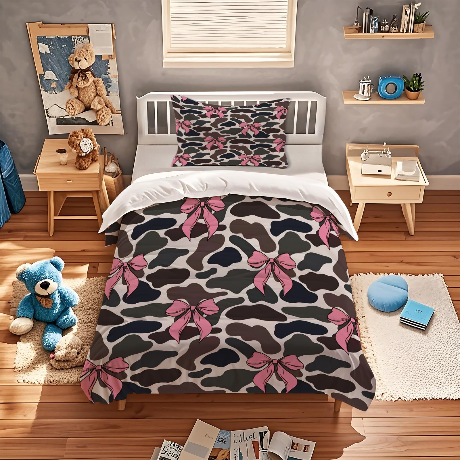 2/3 Pcs Coquette Pink Bow Print Duvet Cover Set, Cute Y2K Aesthetic Bedding Set, Vibrant Digital Print, Soft Microfiber with Zipper Closure, Ideal for Bedroom, Dorm, Girly Room Decor All Year Round - No Filling