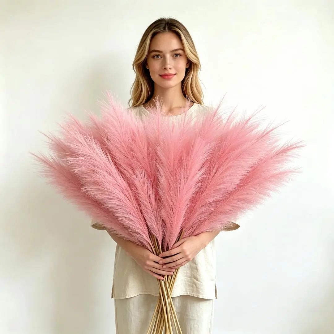 50pcs Decorative Artificial Pampas Grass Set - Lightweight Silk-Iron Fluffy Flexible Plastic Flower Reeds for Wedding, Minimalist Living Room Shelves Home Decor, 55Cm