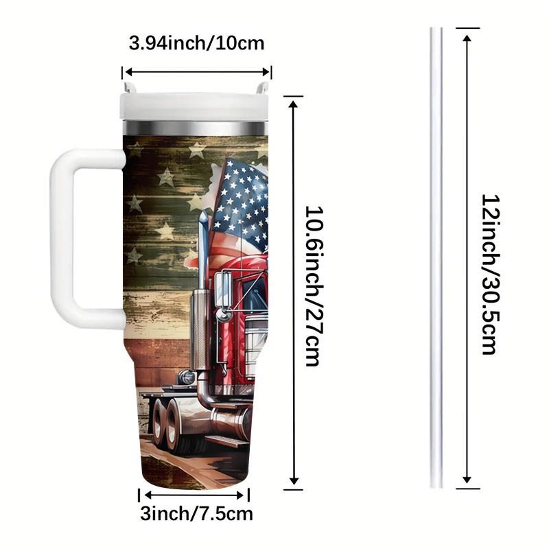 1pc 40oz American Truck Theme Insulated Cup with Handle, Stainless Steel Flag Cup, Straw Cup, Patriotic Gift for Truck Drivers