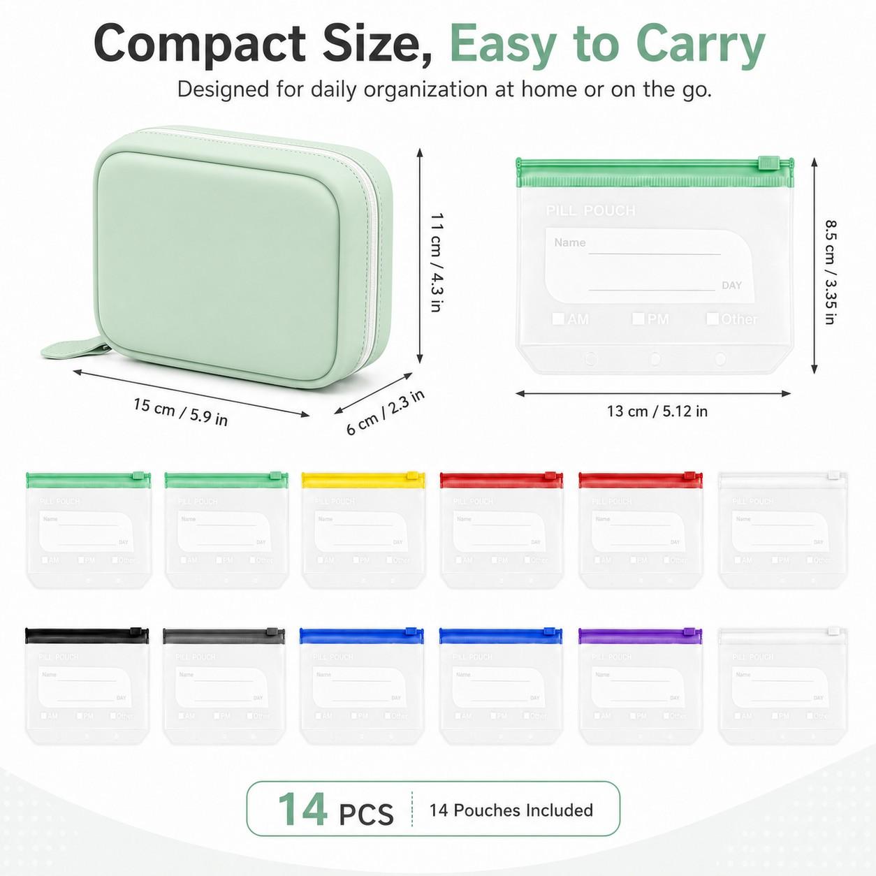 Waterproof Pill Organizer and Pouch Set, Travel Medicine Organizer with 14 Color-Coded Pouches, Leakproof Reusable Zippered Storage Case, Compact Daily Pill Holder, Portable Vitamin Organizer