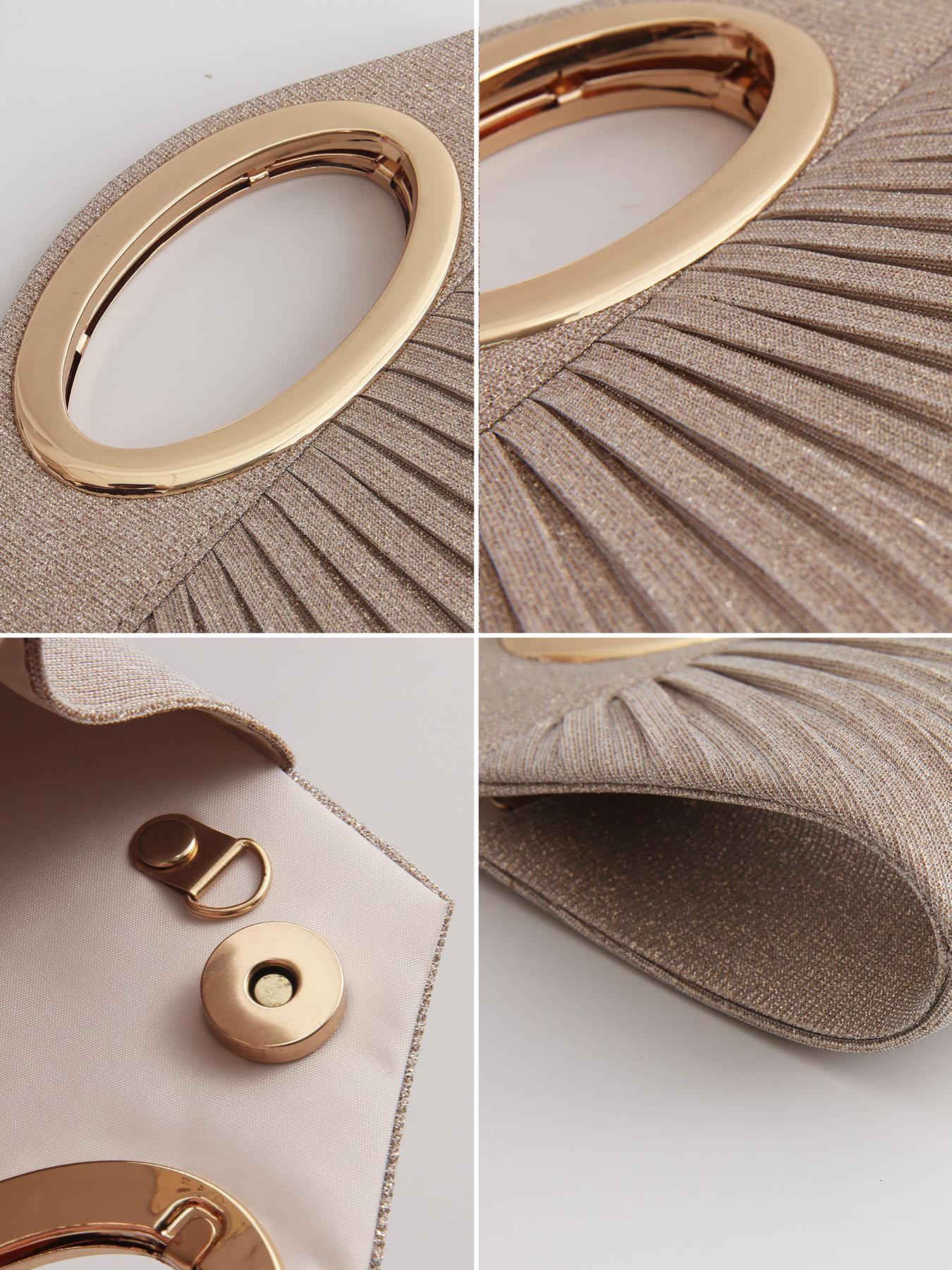 Women's Elegant Glitter Evening Clutch Bag, Metal Ring Handle, Pleated Design, Magnetic Closure, Versatile Strap, Perfect for Weddings, Parties, Wristlet Clutch