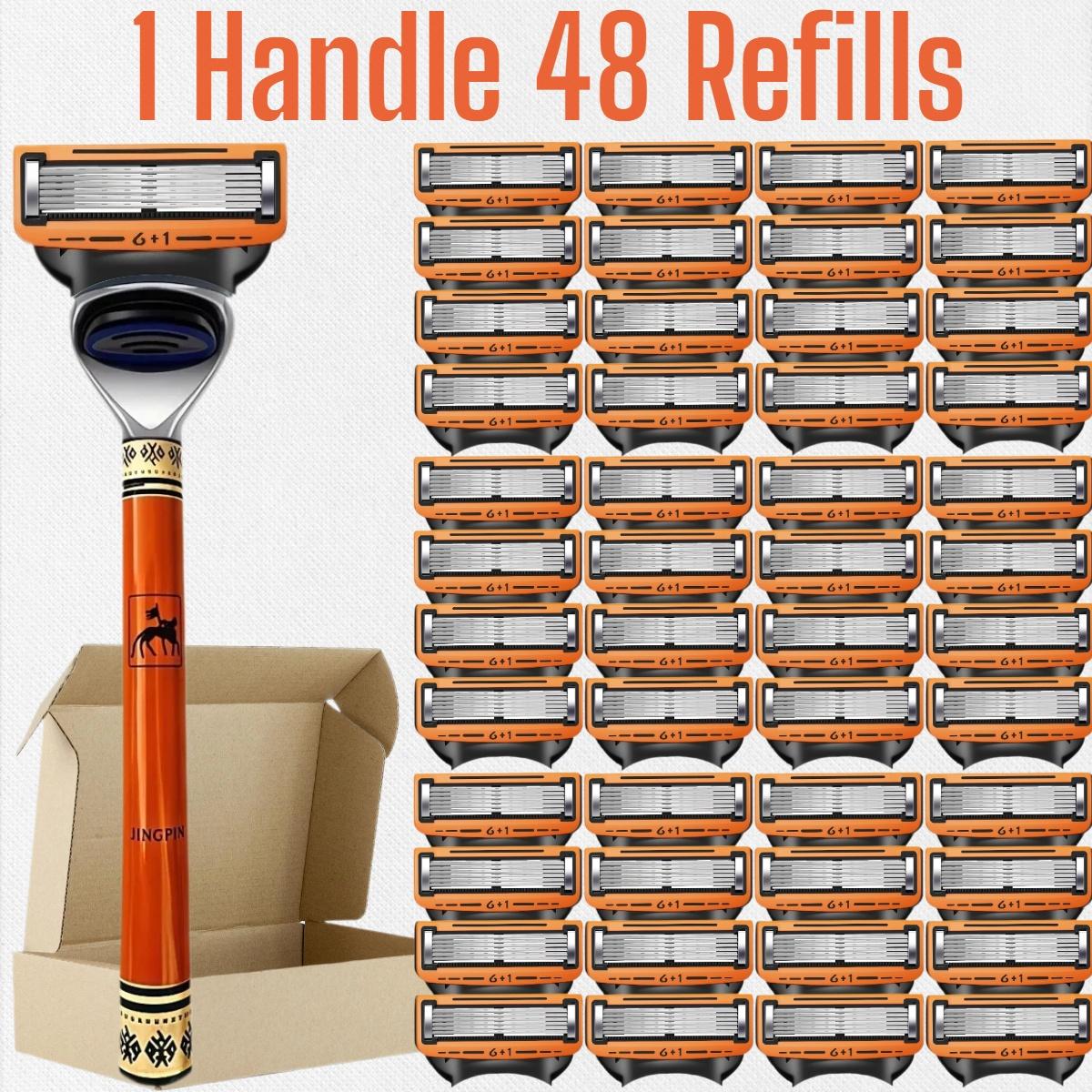 Men's Shaving Razor Set with 1 Handle and 12/24/36/48 Refills, Precision Trimmer, Stainless Steel Blades, Universal Fit, Sealed Packaging, Dustproof Waterproof Rustproof