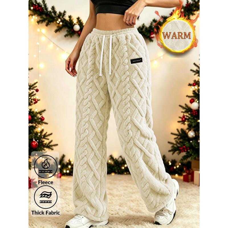 Women's Full-Length Polyester Knit Female Joggers - Winter Warm Plush Loose Adjustable Drawstring Waist Drawcord Universal Sport Pants, Jacquard Knit, Machine Wash, Suitable for Home/Snow Activities