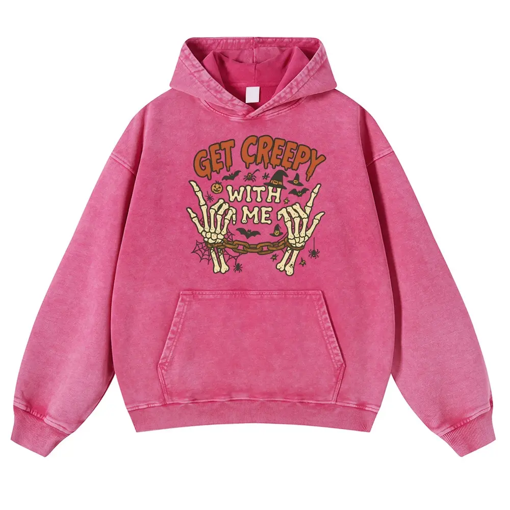 Men's Vintage Washed Pink Halloween Hoodie - Get Creepy With Me Skeleton Graphic, Oversized Acid Wash, Spooky Season Unisex Pullover Tops, Casual Cotton Fit for Jeans
