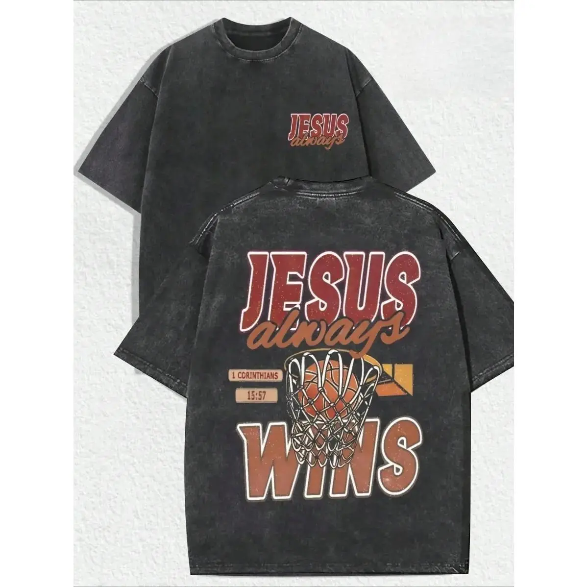 Jesus Always Wins Basketball Graphic T-Shirt, Distressed Vintage Tee, Front "JESUS Always" Back "JESUS Always WINS" Print, Christian Faith Sports Shirt, Unisex Crewneck Casual Tee, Gift for Friends & Family