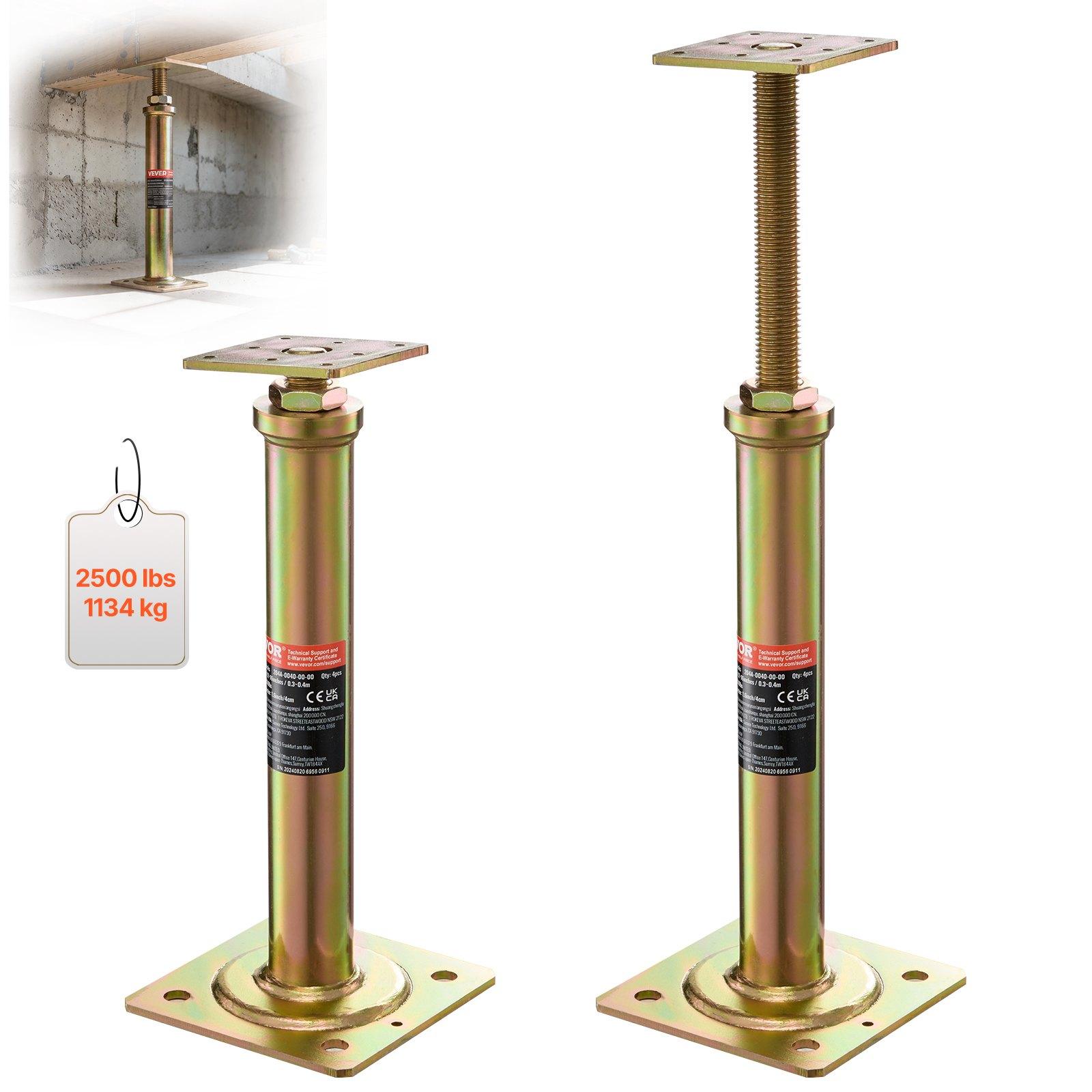 VEVOR House Floor Jacks, 4 Pack, 11.6"-16" Height Range, 2500 lbs Max Load Capacity Per Unit, Adjustable Support Beam Basement Jack Post for Leveling, Galvanized Telescoping Jack for Temporary Support